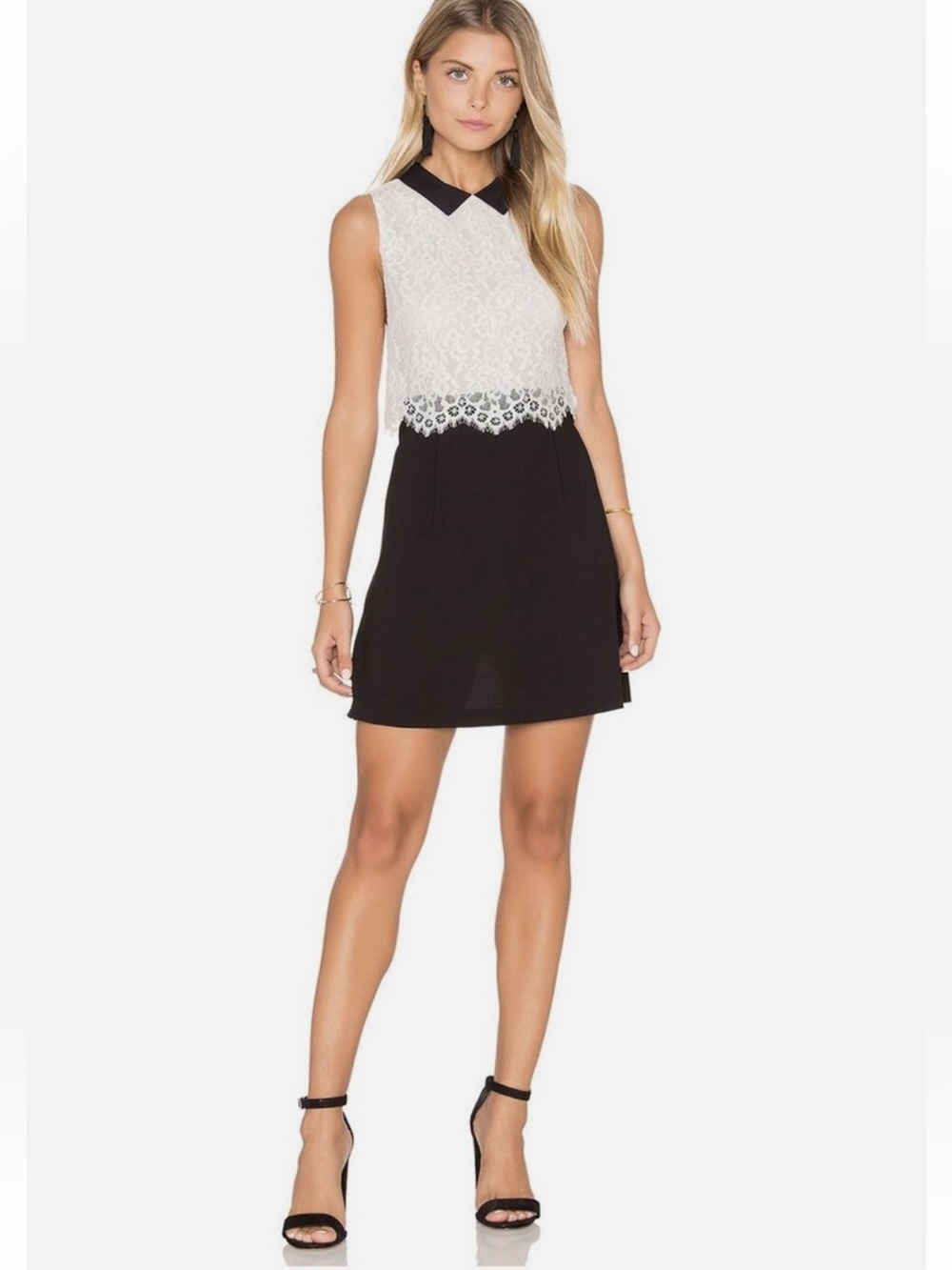 Alice + Olivia Desra Lace Contrast Collar Mini Dress Black White Size 0